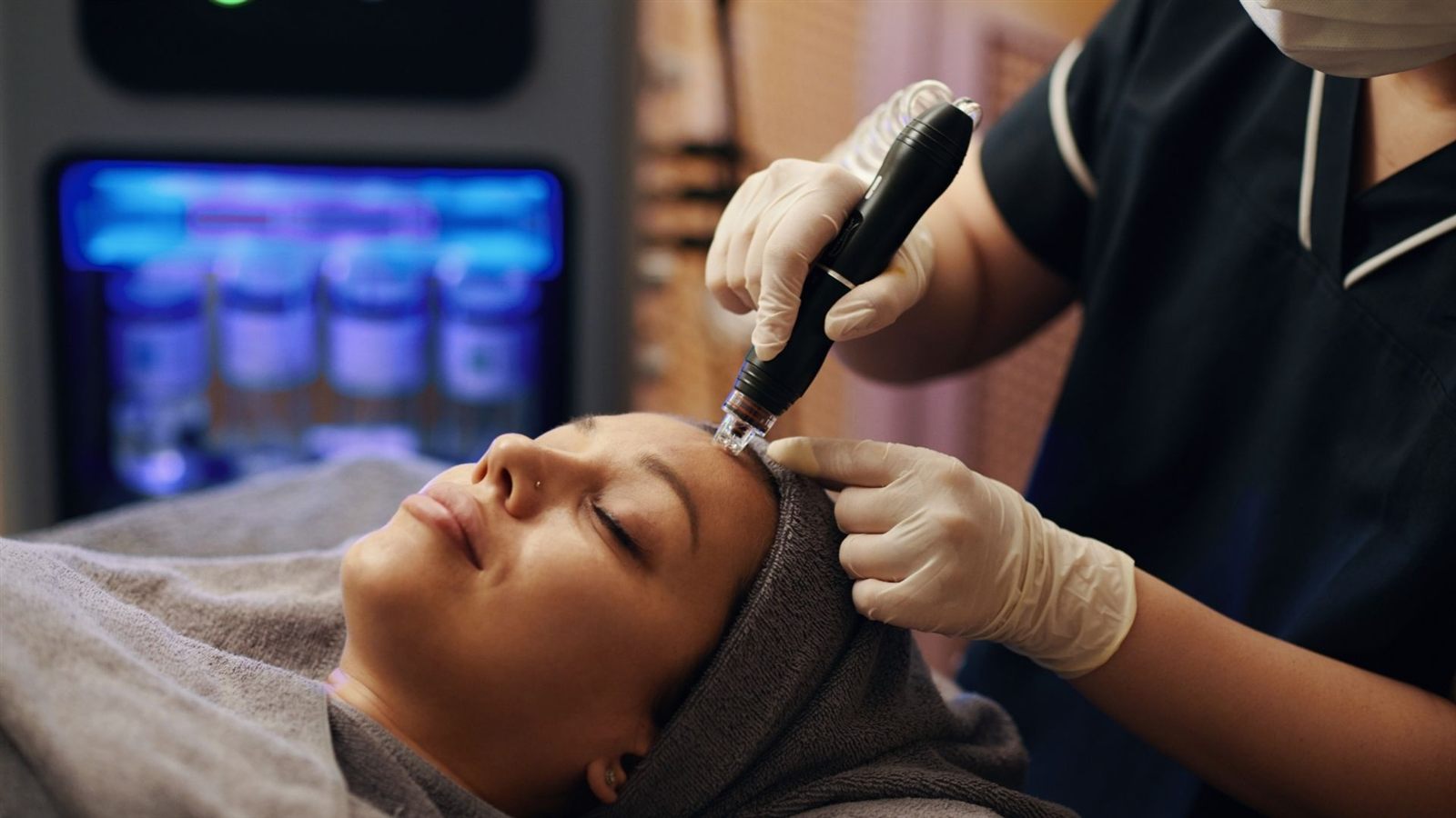 Microneedling forehead treatment close-up