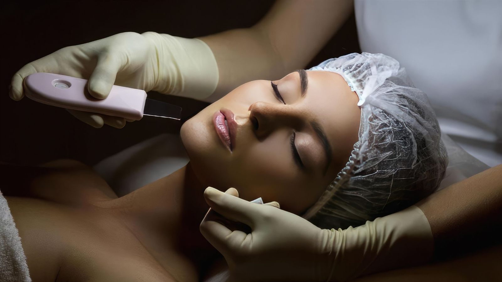 Microneedling facial treatment in progress